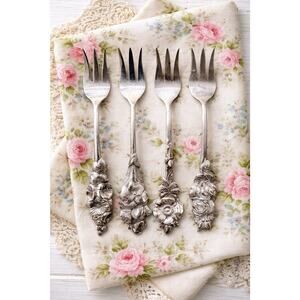 Vintage Reed & Barton Floral Pastry Forks Set SP Mixed Flower Anthropologie Vibe